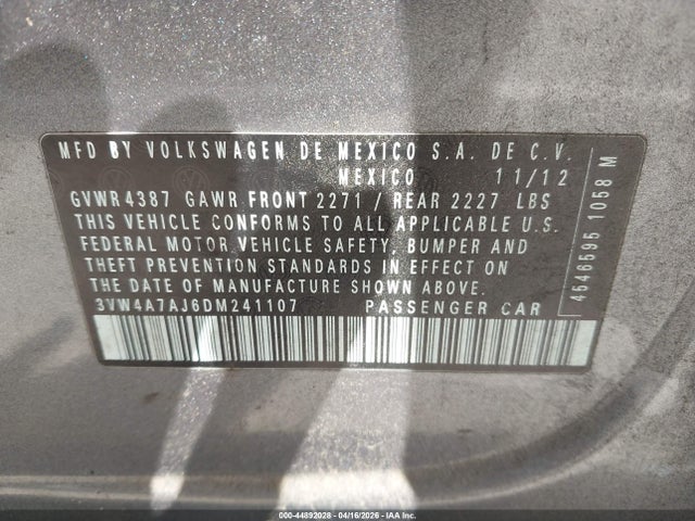 44892028 :رقم المزاد ، 3VW4A7AJ6DM241107 vin ، 2013 Volkswagen Jetta Gli Autobahn مزاد بيع