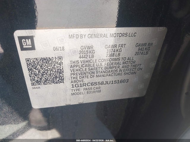 44892034 :رقم المزاد ، 1G1RC6S58JU151603 vin ، 2018 Chevrolet Volt Lt مزاد بيع
