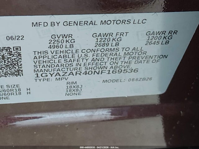 Aukcja sprzedaży 2022 Cadillac Xt4 Fwd Luxury, vin: 1GYAZAR40NF169536, numer aukcji: 44892035