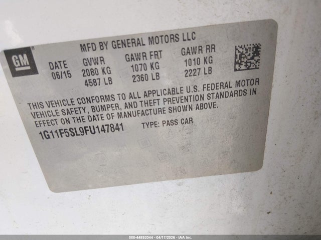Продажа на аукционе авто 2015 Chevrolet Malibu 1lz, vin: 1G11F5SL9FU147841, номер лота: 44892044