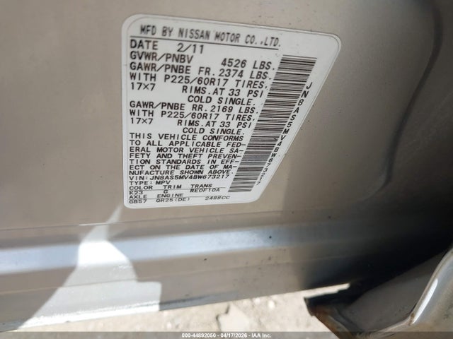 44892050 :رقم المزاد ، JN8AS5MV4BW673217 vin ، 2011 Nissan Rogue Sv مزاد بيع