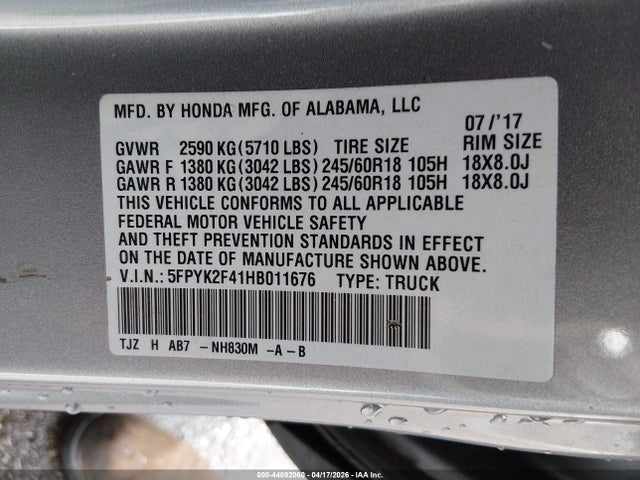 Honda Ridgeline Rts 2017 5FPYK2F41HB011676 Image 9