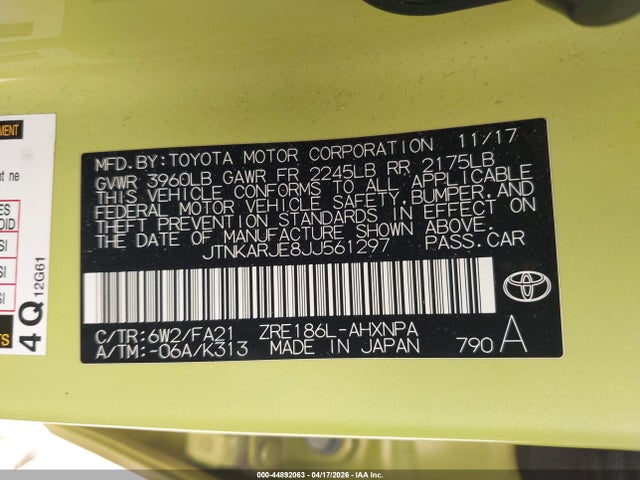 Aukcja sprzedaży 2018 Toyota Corolla Im, vin: JTNKARJE8JJ561297, numer aukcji: 44892063