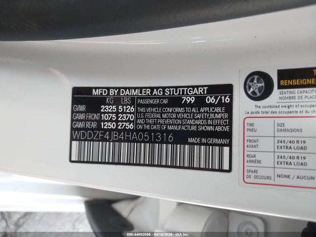 44892066 :رقم المزاد ، WDDZF4JB4HA051316 vin ، 2017 Mercedes-benz E 300 مزاد بيع