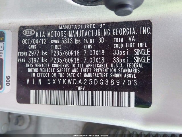 Auction sale of the 2013 Kia Sorento Sx V6, vin: 5XYKWDA25DG389703, lot number: 44892069