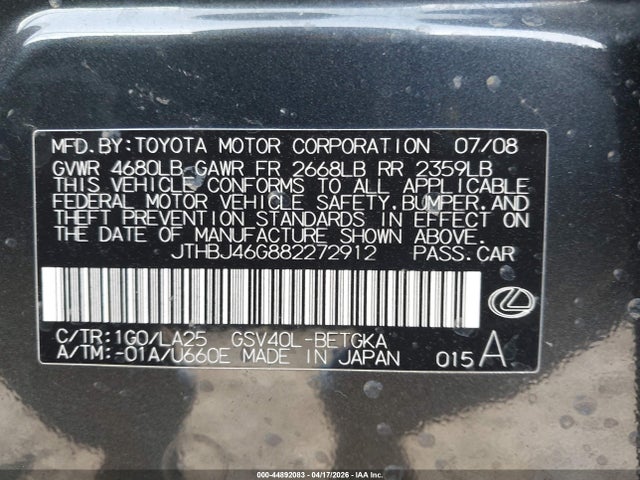 Aukcja sprzedaży 2008 Lexus Es 350, vin: JTHBJ46G882272912, numer aukcji: 44892083