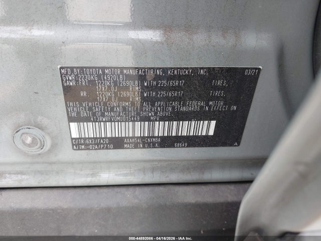 4T3RWRFV0MU015449 Toyota Rav4 Hybrid Xle