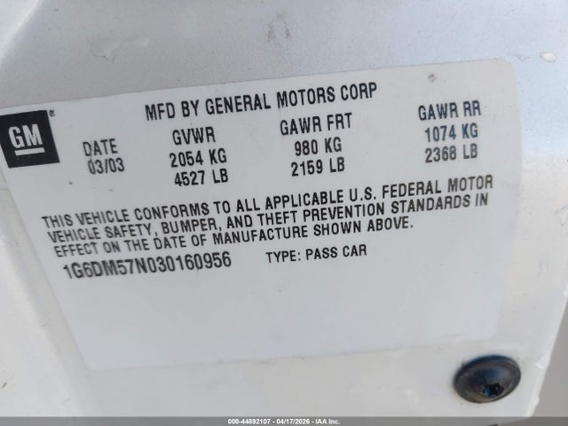 Продаж на аукціоні авто 2003 Cadillac Cts Standard, vin: 1G6DM57N030160956, номер лоту: 44892107