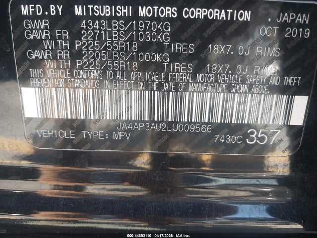 Продаж на аукціоні авто 2020 Mitsubishi Outlander Sport 2.0 Be/2.0 Es/2.0 Sp, vin: JA4AP3AU2LU009566, номер лоту: 44892110