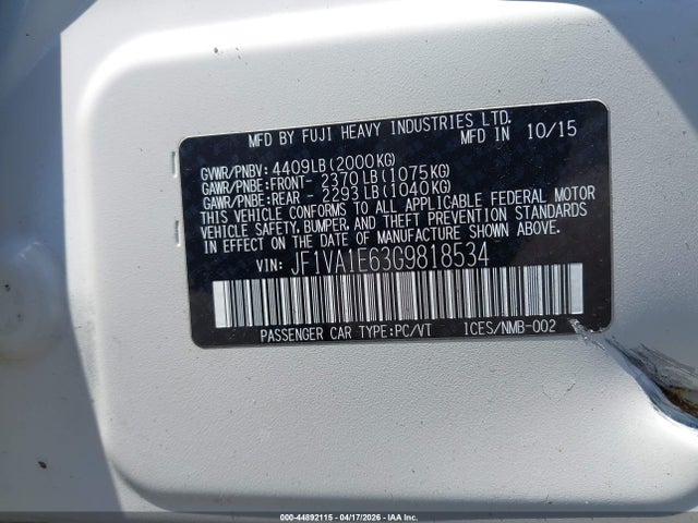 Aukcja sprzedaży 2016 Subaru Wrx Premium, vin: JF1VA1E63G9818534, numer aukcji: 44892115