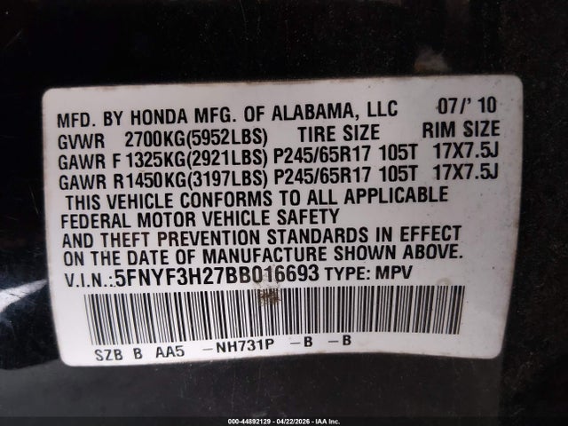 Aukcja sprzedaży 2011 Honda Pilot Lx, vin: 5FNYF3H27BB016693, numer aukcji: 44892129