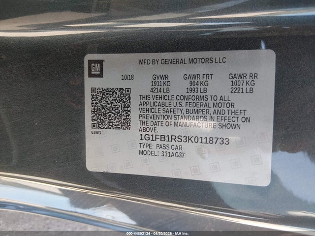 Продаж на аукціоні авто 2019 Chevrolet Camaro 1lt, vin: 1G1FB1RS3K0118733, номер лоту: 44892134