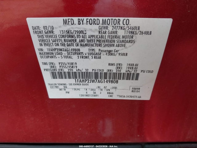 Auction sale of the 2010 Ford Taurus Limited, vin: 1FAHP2JW7AG149808, lot number: 44892137