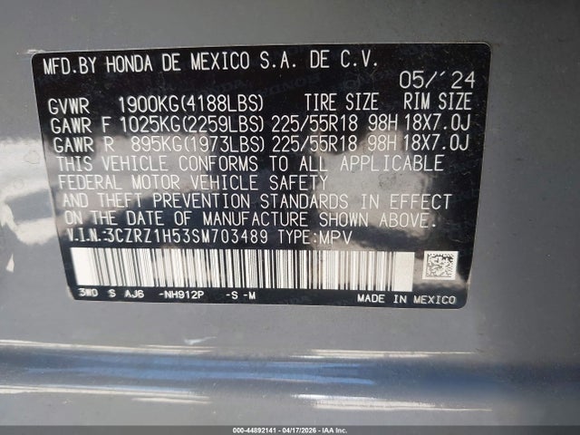 Продажа на аукционе авто 2025 Honda Hr-v 2wd Sport, vin: 3CZRZ1H53SM703489, номер лота: 44892141