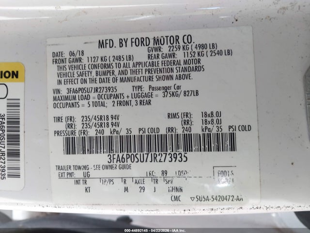 Продажа на аукционе авто 2018 Ford Fusion Energi Titanium, vin: 3FA6P0SU7JR273935, номер лота: 44892145