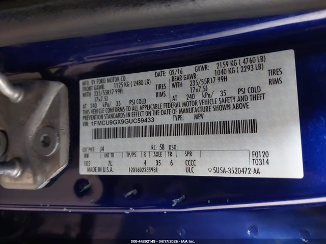 Aukcja sprzedaży 2016 Ford Escape Se, vin: 1FMCU9GX9GUC59433, numer aukcji: 44892149