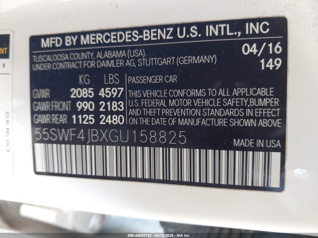 Aukcja sprzedaży 2016 Mercedes-benz C 300, vin: 55SWF4JBXGU158825, numer aukcji: 44892162
