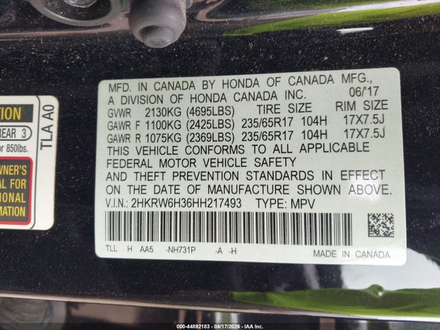 2017 Honda Cr-v Lx მანქანა იყიდება აუქციონზე, vin: 2HKRW6H36HH217493, აუქციონის ნომერი: 44892183