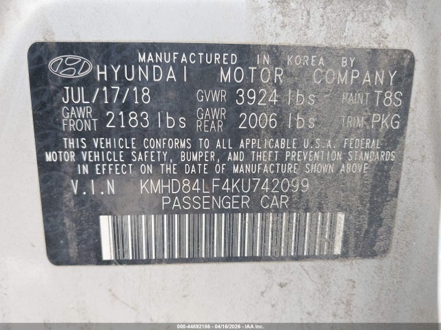 2019 Hyundai Elantra Sel მანქანა იყიდება აუქციონზე, vin: KMHD84LF4KU742099, აუქციონის ნომერი: 44892186