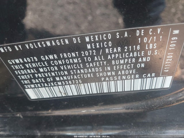 Продажа на аукционе авто 2012 Volkswagen Jetta 2.0l S, vin: 3VW2K7AJXCM336725, номер лота: 44892191