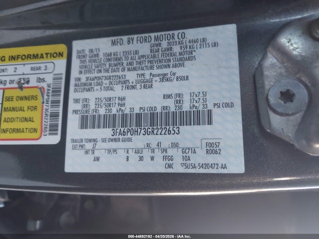 Aukcja sprzedaży 2016 Ford Fusion Se, vin: 3FA6P0H73GR222653, numer aukcji: 44892192