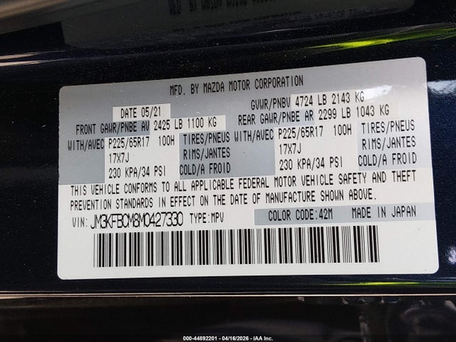 Продаж на аукціоні авто 2021 Mazda Cx-5 Touring, vin: JM3KFBCM8M0427330, номер лоту: 44892201