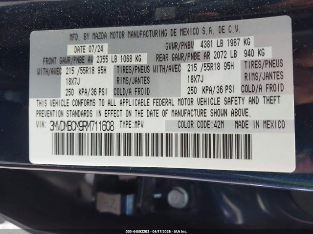 44892203 :رقم المزاد ، 3MVDMBCM9RM711608 vin ، 2024 Mazda Cx-30 2.5 S Preferred Package مزاد بيع