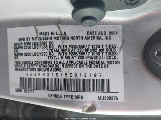 Продаж на аукціоні авто 2005 Mitsubishi Endeavor Xls, vin: 4A4MM31S15E013107, номер лоту: 44892211