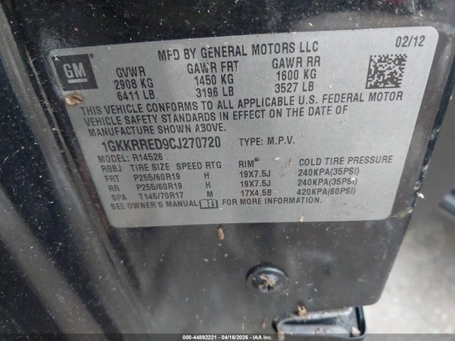 44892221 :رقم المزاد ، 1GKKRRED9CJ270720 vin ، 2012 Gmc Acadia Slt-1 مزاد بيع