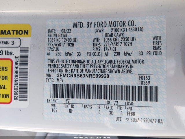 44892223 :رقم المزاد ، 3FMCR9B63NRE09928 vin ، 2022 Ford Bronco Sport Big Bend مزاد بيع