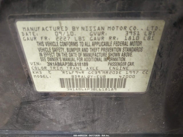 2011 Nissan Sentra 2.0 მანქანა იყიდება აუქციონზე, vin: 3N1AB6AP3BL618189, აუქციონის ნომერი: 44892234
