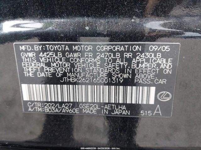 44892239 :رقم المزاد ، JTHBK262165001319 vin ، 2006 Lexus Is 250 مزاد بيع