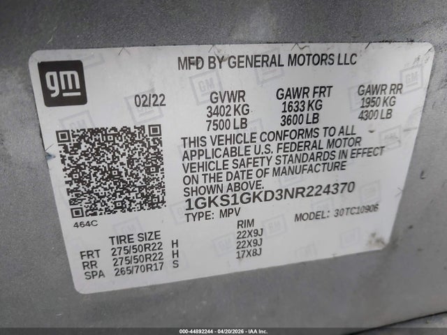 1GKS1GKD3NR224370 GMC Yukon Xl 2wd Slt