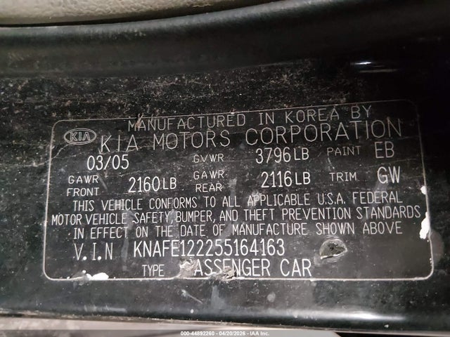 Aukcja sprzedaży 2005 Kia Spectra Ex/lx/sx, vin: KNAFE122255164163, numer aukcji: 44892260