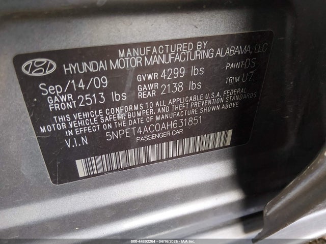 44892264 :رقم المزاد ، 5NPET4AC0AH631851 vin ، 2010 Hyundai Sonata Gls مزاد بيع