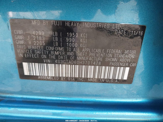 2017 Subaru Impreza 2.0i Premium მანქანა იყიდება აუქციონზე, vin: 4S3GTAD60H3701478, აუქციონის ნომერი: 44892267