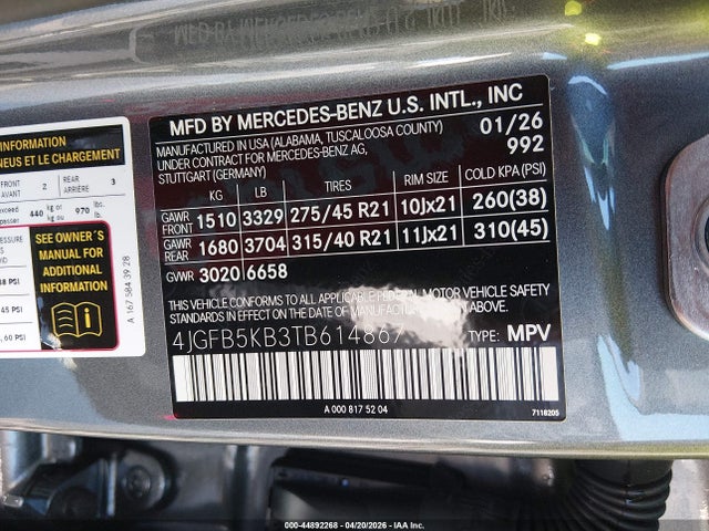 Продаж на аукціоні авто 2026 Mercedes-benz Gle 450 4matic, vin: 4JGFB5KB3TB614867, номер лоту: 44892268