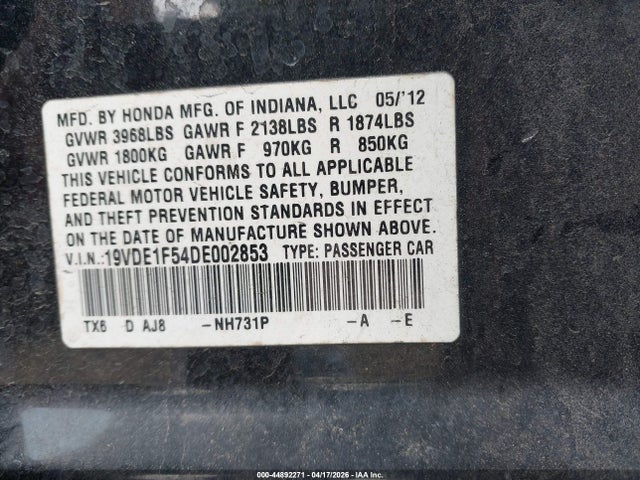 44892271 :رقم المزاد ، 19VDE1F54DE002853 vin ، 2013 Acura Ilx 2.0l مزاد بيع