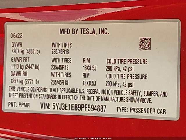 Tesla Model 3 Long Range Dual Motor All-wheel Drive 2023 5YJ3E1EB9PF594887 Image 9