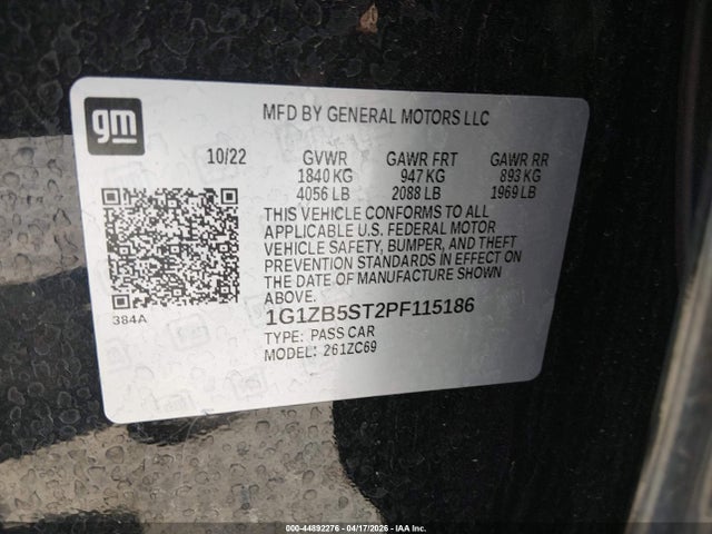 Aukcja sprzedaży 2023 Chevrolet Malibu Fwd Ls, vin: 1G1ZB5ST2PF115186, numer aukcji: 44892276