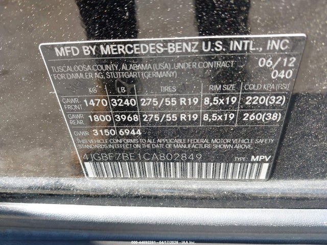 Aukcja sprzedaży 2012 Mercedes-benz Gl 450 4matic, vin: 4JGBF7BE1CA802849, numer aukcji: 44892281