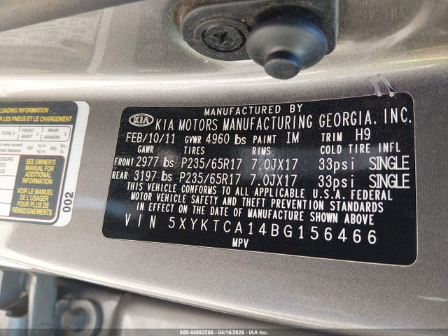 2011 Kia Sorento Lx მანქანა იყიდება აუქციონზე, vin: 5XYKTCA14BG156466, აუქციონის ნომერი: 44892286