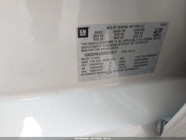 44892290 :رقم المزاد ، 1GKS2HKJ2GR331017 vin ، 2016 Gmc Yukon Xl Denali مزاد بيع