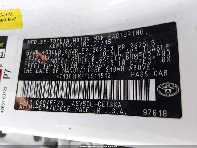 44892294 :رقم المزاد ، 4T1BF1FK7FU911512 vin ، 2015 Toyota Camry Se مزاد بيع