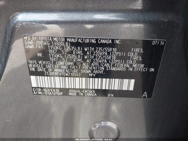 Продажа на аукционе авто 2014 Toyota Rav4 Limited, vin: 2T3DFREV7EW210543, номер лота: 44892297