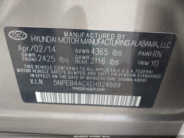 5NPEB4ACXEH924889 Hyundai SONATA GLS