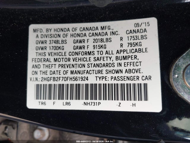 Honda CIVIC SE 2015 2HGFB2F70FH561924 Image 9