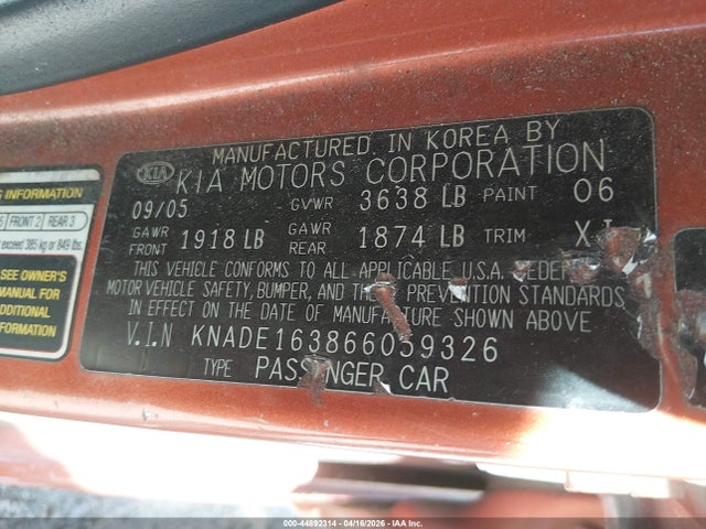 2006 Kia Rio5 Sx მანქანა იყიდება აუქციონზე, vin: KNADE163866059326, აუქციონის ნომერი: 44892314