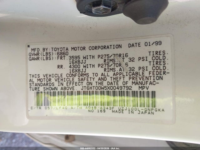 Продаж на аукціоні авто 1999 Lexus Lx 470, vin: JT6HT00W5X0049792, номер лоту: 44892322
