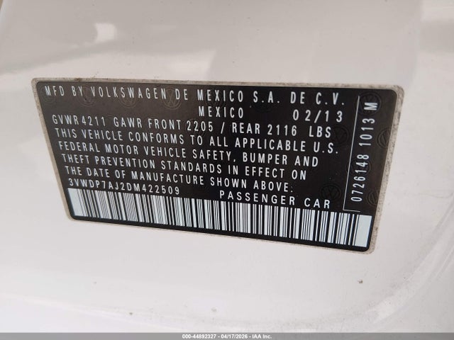 Продаж на аукціоні авто 2013 Volkswagen Jetta 2.5l Se, vin: 3VWDP7AJ2DM422509, номер лоту: 44892327
